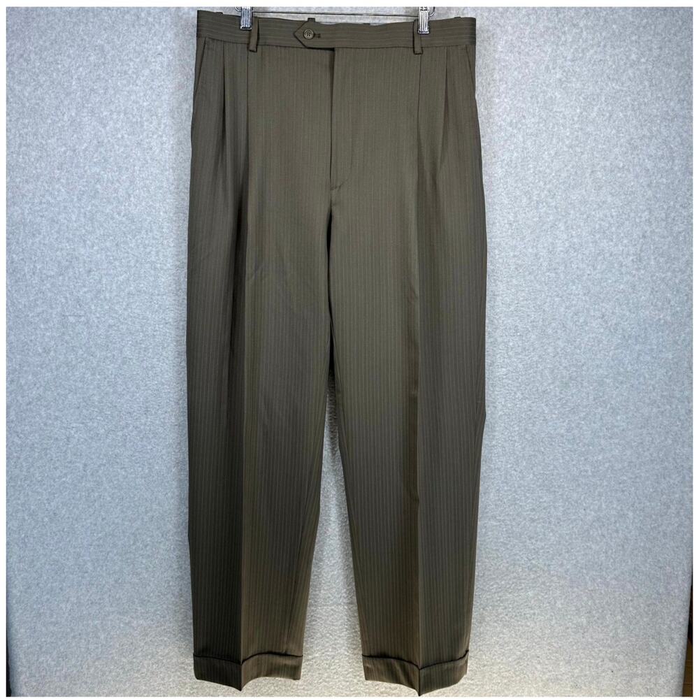 Versini Dress Pants Mens Size 35 Long Brown Pinstriped 100% Wool Flat Front